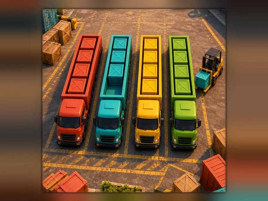 Four colourful cargo trucks lined up in a logistics yard
